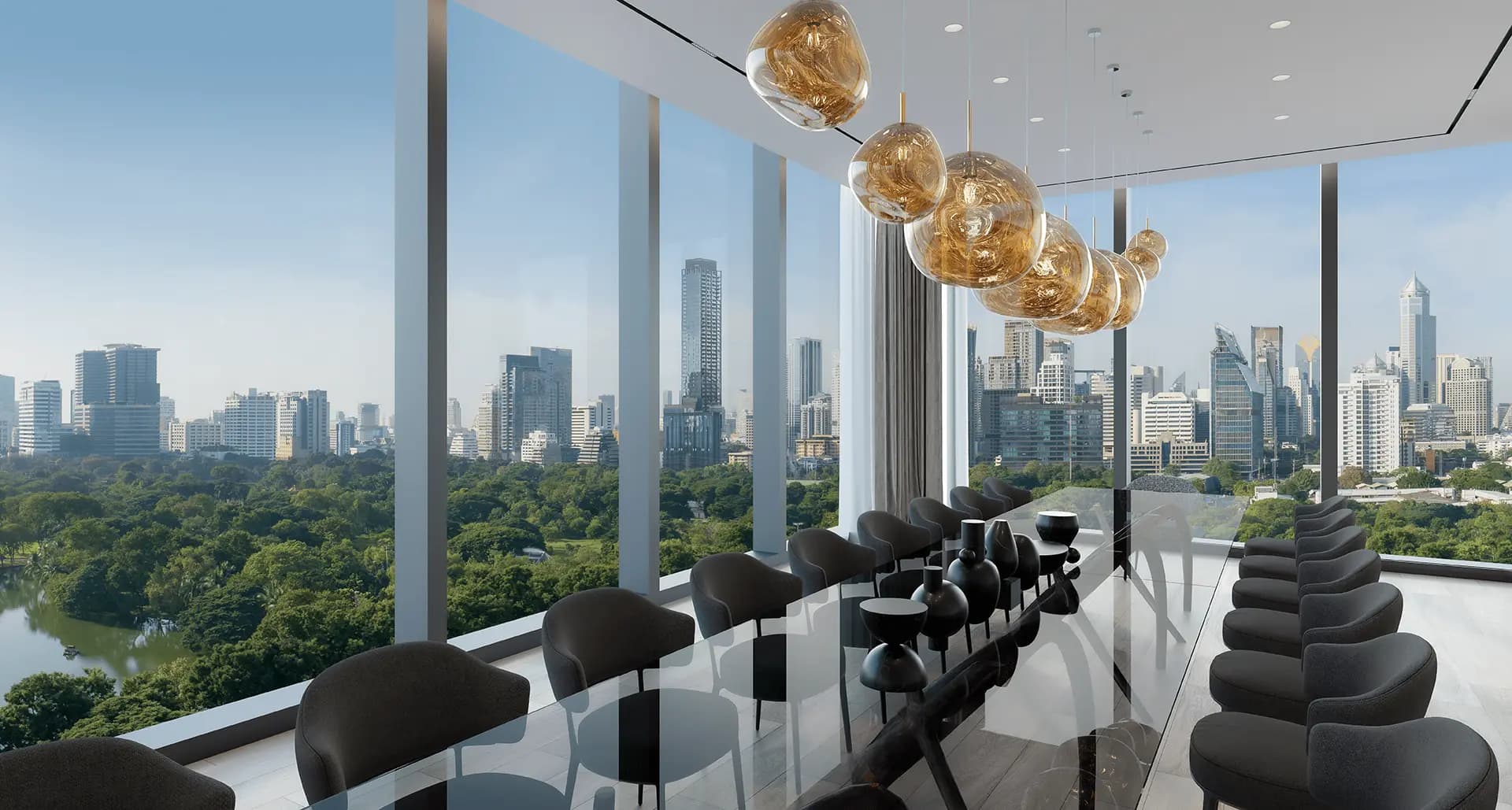 Social Table dining room overlooking Lumphini Park, computer-generated image from the official EI8HTEEN SEVEN website