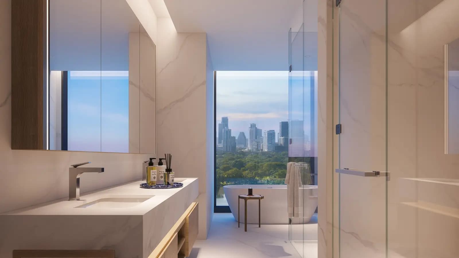 Master bathroom of a type 3A1M residence, computer-generated image from the official EI8HTEEN SEVEN website