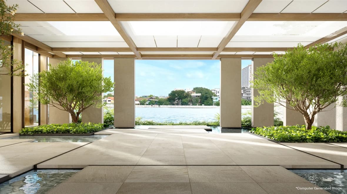 Reference BAIE landscaped arrival courtyard facing the Chao Phraya, computer-generated image by SC Asset