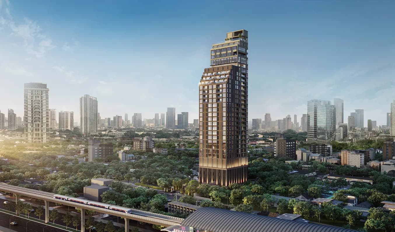 Via ARI tower next to the BTS line, aerial view, computer-generated image by Sansiri