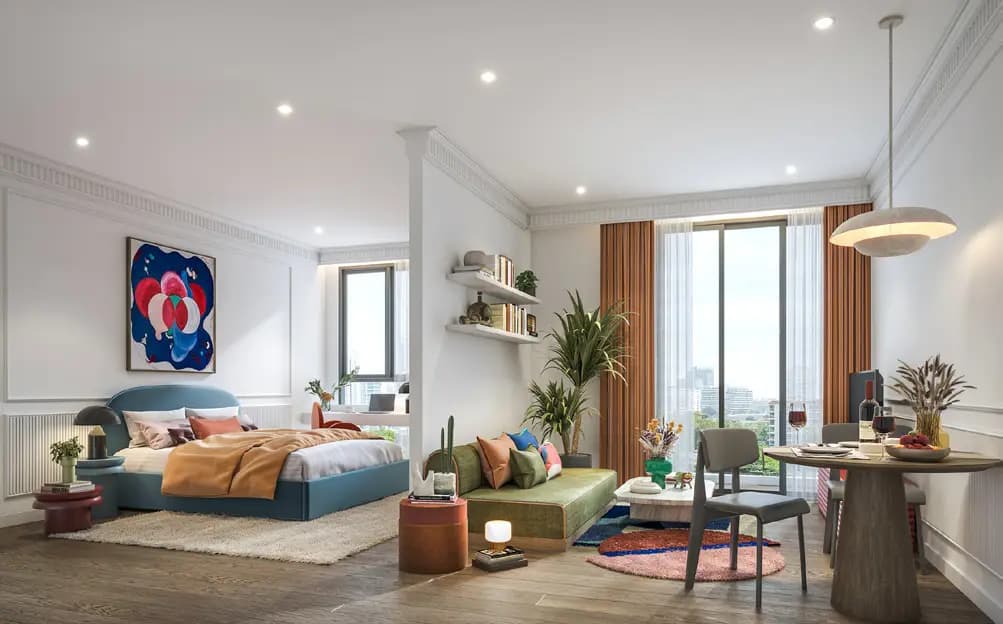 Bedroom and living area of a Via ARI residence, computer-generated image by Sansiri
